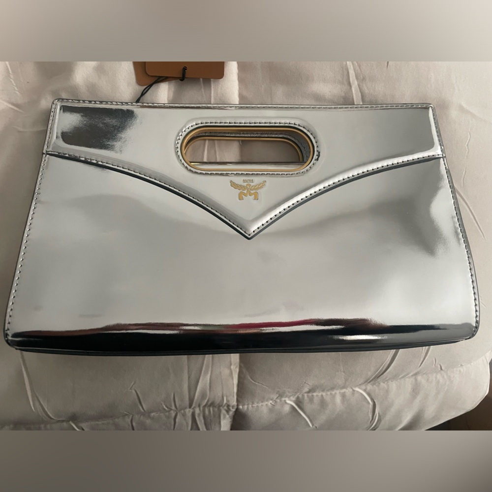 MCM Metallic Silver Clutch